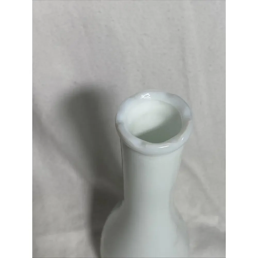 Unique Vintage 8-3/4” Milk Glass Bud Vase w/ Embossed Flower On Flat Side VGC